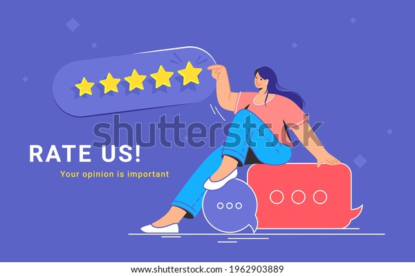 Consumer review and 5 stars rating. Flat vecor\
illustration of smiling woman sitting on speech bubbles and\
pointing to five stars as a rating result. Customer feedback and\
positive rating for\
goods