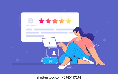 Consumer review for comment and rate a service or goods. Flat vecor illustration of smiling woman sitting with laptop and reading testimonials or leaving comment. Customer feedback and rating 5 stars