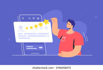 Consumer review for comment and rate a service or goods. Flat vector illustration of man standing near big smartphone and reading testimonials or leaving comment. Customer feedback and rating 5 stars
