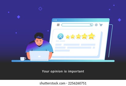 Consumer review for comment and rate a service or goods. Gradient vector illustration of cute man sitting with laptop and reading testimonials or leaving comment. Customer feedback and rating 5 stars