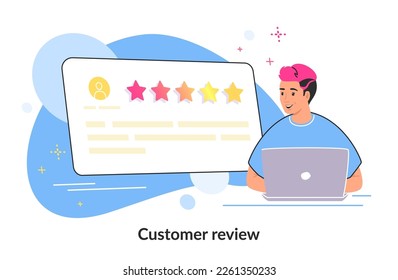 Consumer review for comment and rate a service or goods. Flat smiling man sitting with laptop and reading testimonials or leaving comment online. Customer feedback and rating 5 stars on white