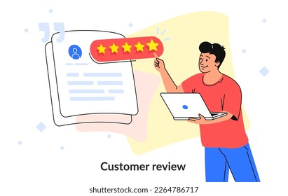 Consumer review for comment and rate a service or goods. Flat smiling man sitting with laptop and reading testimonials or leaving comment online. Customer feedback and rating 5 stars on white