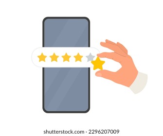 Consumer review and Feedback concept. Mobile rating icon. Human hand leaving comment with 5 stars rating. Vector illustration isolated on white background.