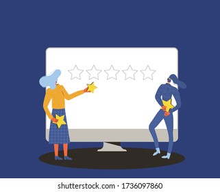 Consumer review. Feedback concept. Two girls holding stars in their hands with computer screen. Women goint to rating app. Satisfaction level. Vector flat illustration.
