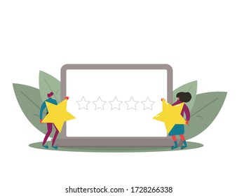 Calificación de revisión de los consumidores. Concepto de retroalimentación. Dos personas con estrellas en las manos con pantalla de ordenador portátil. Clasificación de servicio. Nivel de satisfacción. Ilustración plana vectorial.