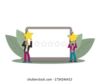 Bewertung der Verbraucherbewertung Feedback-Konzept. Zwei Personen halten Sterne in der Hand mit Laptop-Bildschirm. Service-Bewertung. Grad der Zufriedenheit. Vector flache Abbildung.