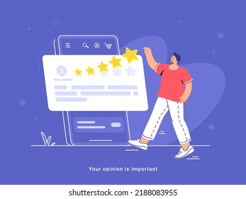Überprüfung und Bewertung einer Dienstleistung oder einer Ware durch den Verbraucher. Flache Vektorgrafik des Menschen steht in der Nähe eines großen Smartphones und hinterlässt Kommentar mit 5 Sternen Bewertung. Rückmeldung des Kunden und positive Bewertung durch den Benutzer