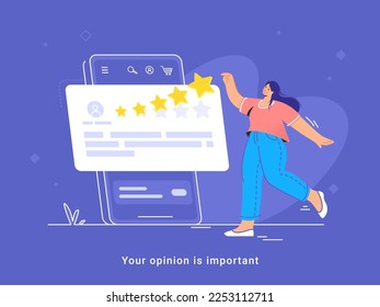 Revisión y calificación de un servicio o bienes por parte de los consumidores. Ilustración vectorial plana de una mujer parada cerca de un gran smartphone y dejando un comentario con calificación de 5 estrellas. Comentarios de los clientes y calificación positiva de los usuarios