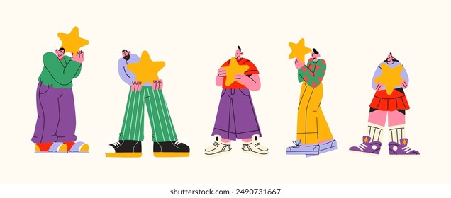 Consumer reviews feedback. People rate the service and rate the quality 5 stars. Vector characters leave positive reviews.