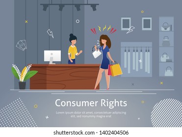 Consumer Rights Banner Vector Illustration. Angry Customer Holding Shopping Bags And Shouting At Shop Assistant At Register. Store Interior With Clothing On Hangers And Bags On Shelves.