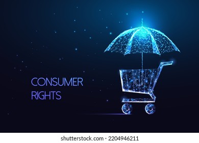 Consumer rights concept with shopping card and protective umbrella in futuristic style on dark blue