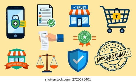 Consumer rights icon collection in flat illustration style for protection awareness. Perfect for education, campaigns, infographics, websites, and legal content.