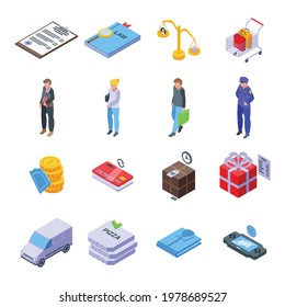 Iconos de derechos del consumidor establecidos. Conjunto isométrico de iconos vectoriales de derechos de consumo para diseño web aislados en fondo blanco