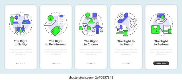 Consumer rights onboarding mobile app screen. Customer protection laws. Walkthrough 5 steps editable graphic instructions with linear concepts. UI, UX, GUI
