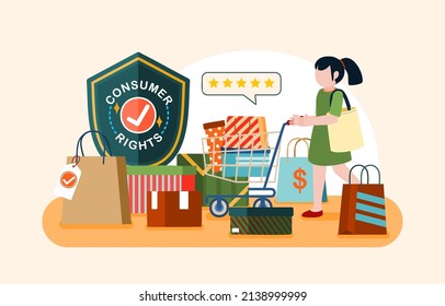 Consumer Rights Protection concept. The definition of Consumer right is the right to have information about the quality, potency, quantity, purity, price and standard of good or services. Vector Flat 