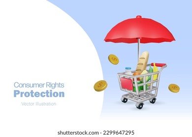 Consumer rights protection. Grocery foods in shopping cart under protection from red umbrella. Grocery shopping and online customer rights protection concept.