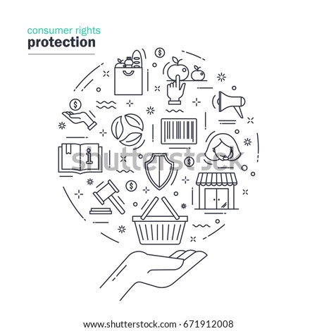 Consumer rights protection. Modern thin line design including symbols of select, safety, support, law and etc. Vector illustration on white background.