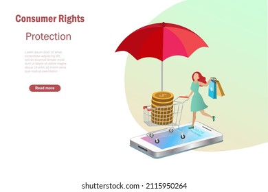 Consumer rights protection. Woman with shopping cart full of gold coins on smart phone under protection from red umbrella. Online shopping and online customer rights protection concept.