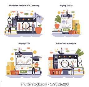 Consumer service online service or platform set. Education service, specialized costumer service. Multiplier analysis of a company, buying stocks and ETFs, price chart analysis. Vector illustration