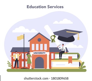 Consumer service sector of the economy. Education service. School and university education. Vector illustration