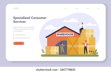 Consumer service sector of the economy web banner or landing page. Specialized costumer service. Storages and warehouses industry. Isolated flat vector illustration