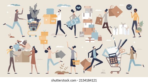 Consumer set with retail goods purchase elements in tiny person collection. Buyer in store with full cart or basket and checkout process vector illustration. Elements with society product consumption.