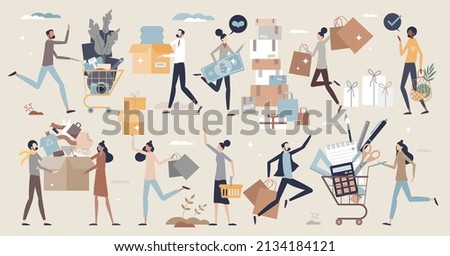Consumer set with retail goods purchase elements in tiny person collection. Buyer in store with full cart or basket and checkout process vector illustration. Elements with society product consumption.