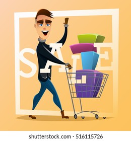 Consumer with  shopping cart full of christmas and new year gifts and boxes . Yong handsome smiling men waving hand at the shopping . Christmas sale concept . Sale banner or poser .