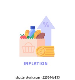 Consumidor con carro de la compra y precios de comestibles en alza. Aumentar la inflación. Concepto de inflación, aumento del costo de los alimentos, crisis financiera. Ilustración vectorial en diseño de dibujos animados planos.