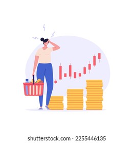 Consumer with shopping cart and grocery prices rising. Increase inflation. Concept of inflation, rising food cost, financial crisis. Vector illustration in flat cartoon design.