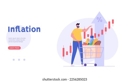 Consumer with shopping cart and grocery prices rising. Increase inflation. Concept of inflation, rising food cost, financial crisis. Vector illustration in flat cartoon design.