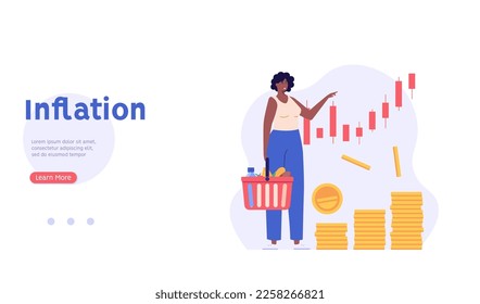 Consumidor con carro de la compra y precios de comestibles en alza. Aumentar la inflación. Concepto de inflación, aumento del costo de los alimentos, crisis financiera. Ilustración vectorial en diseño de dibujos animados planos.