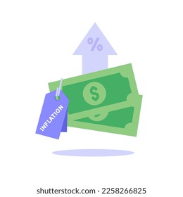 Verbraucher mit Einkaufswagen und Lebensmittelpreisen steigen. Erhöhen Sie die Inflationsrate. Konzept der Inflation, steigende Lebensmittelkosten, Finanzkrise. Vektorgrafik in flachem Cartoon-Design.