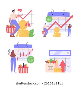 Consumer with shopping cart and grocery prices rising. Increase inflation. Collection of inflation, rising food cost, financial crisis. Vector illustration set in flat design