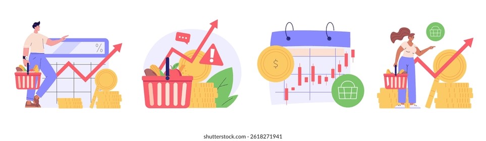 Consumer with shopping cart and grocery prices rising. Increase inflation. Collection of inflation, rising food cost, financial crisis. Vector illustration set in flat design