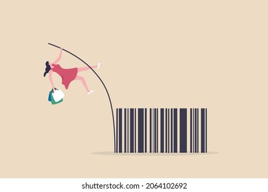 Consumer Shopping Habit, Spending Or Consumerism, E-commerce Or Online Purchase, Marketing And Promotion Or Retail Concept, Happy Woman Customer Holding Shopping Bag Pole Vault Jump Over Shop Barcode.