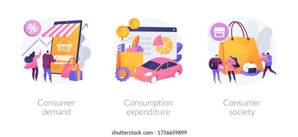 Consumer Society Abstract Concept Vector Illustration Set. Consumer Demand, Consumption Expenditure, Customer Decision, Retail Marketing, Household Budget, Shopaholic, Spending Abstract Metaphor.