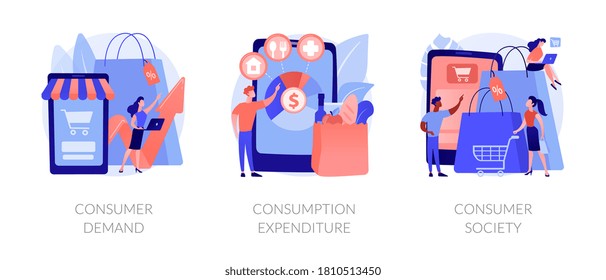 Conjunto de ilustração vetorial conceito abstrato da sociedade de consumo. Demanda do consumidor, gasto de consumo, decisão do cliente, marketing de varejo, orçamento familiar, viciado em compras, metáfora abstrata de gastos.