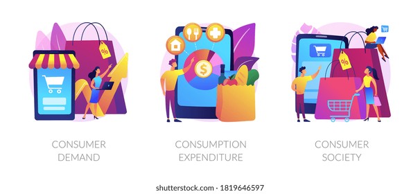 Consumer society abstract concept vector illustration set. Consumer demand, consumption expenditure, customer decision, retail marketing, household budget, shopaholic, spending abstract metaphor.