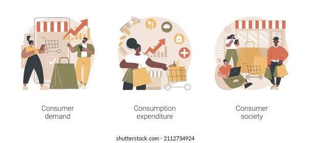 Consumer society abstract concept vector illustration set. Consumer demand, consumption expenditure, customer decision, retail marketing, household budget, shopaholic, spending abstract metaphor.