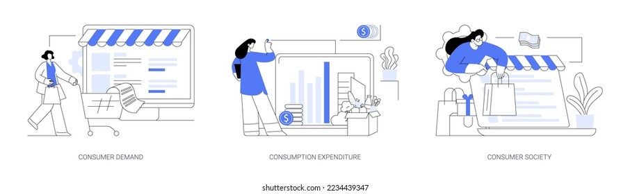 Consumer society abstract concept vector illustration set. Consumer demand, consumption expenditure, customer decision, retail marketing, household budget, shopaholic, spending abstract metaphor.
