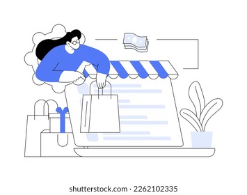 Ilustración vectorial de concepto abstracto de la sociedad del consumidor. Consumo de bienes y servicios, compra compulsiva, comercio, mercado minorista, hábitos de los clientes, metáfora abstracta de aplicaciones minoristas en línea.