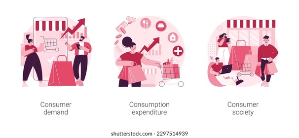 Conjunto de ilustraciones vectoriales de concepto abstracto de la sociedad del consumidor. La demanda de consumo, el gasto de consumo, la decisión de los clientes, la comercialización al por menor, el presupuesto de los hogares, el comercio, la metáfora abstracta del gasto.