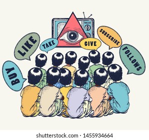 Consumer Society.  All Seeing Eye And People. Symbol Of Freedom And Slavery, Globalization, Future Of Mankind, Digital World, Big Brother 