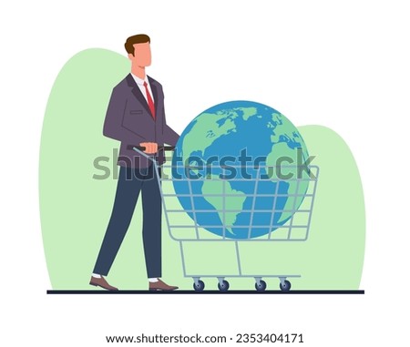 Consumer society, businessman is driving planet Earth into shopping cart. World trade. Business opportunity, global market, ecommerce, international retail cartoon flat vector illustration