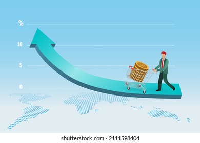 Consumer spending, consumer price index,inflation and economic indicator scale concept. Businessman pushing shopping cart with gold coins on growth graph road. 