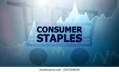 Consumer Staples Stock Sector, trading screen background. The graph of candlestick, price line, and simple shopping cart illustration. Stock trading and consumer market concepts.