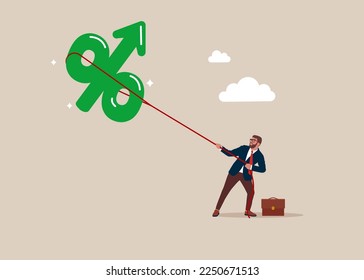 Consumer struggles with inflated interest rate balloon. Rising interest rates stock. Flat vector illustration.