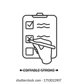 Consumer survey form icon. Hand checking answers. Audience opinion marketing research, customer feedback and client experience collection concept. Editable stroke vector line illustration.