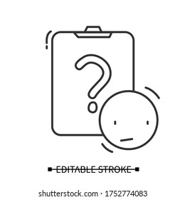 Consumer survey icon.Clipboard and question mark with puzzled pictogram. Marketing research, customer satisfaction survey and feedback collection concept. Editable stroke vector line illustration.